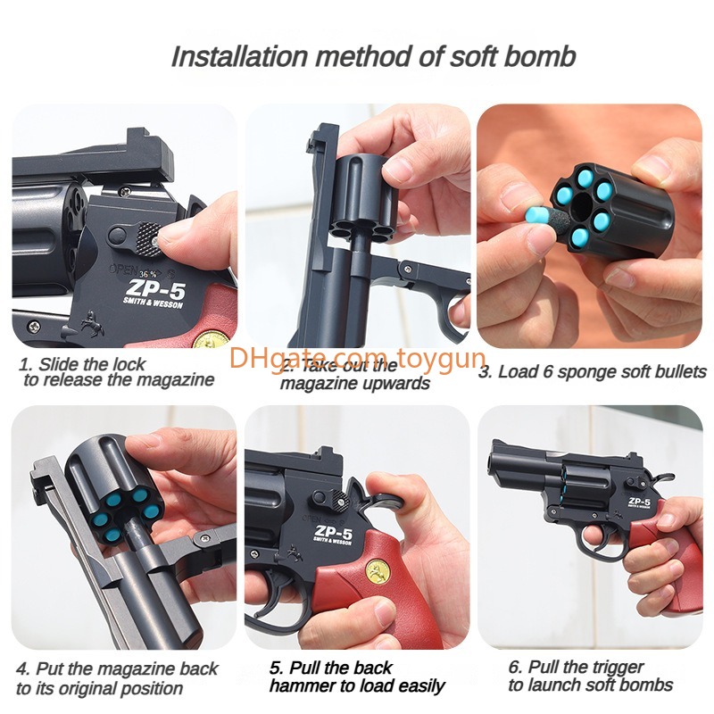 ZP5 Revolver Soft Bullets Toy Gun Pistol Manual Continuous Firing Look Real Collection Fake Gun Outdoor Cs Pubg Game Prop Birthday Gifts for Boys Adul