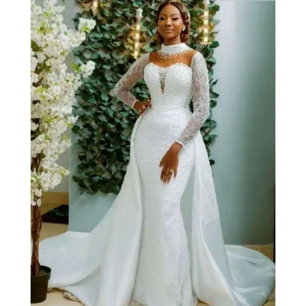 New Custom Detachable Fishtail Bridal Long Sleeve Mermaid Gown Plus Size Beading Wedding Dresses 0603