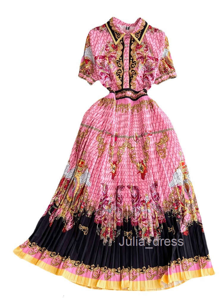 Spring New Fashionable Baroque Elegant Style Printed Polo Neck Short Sleeve Waist Slimming 100 pleated Dress