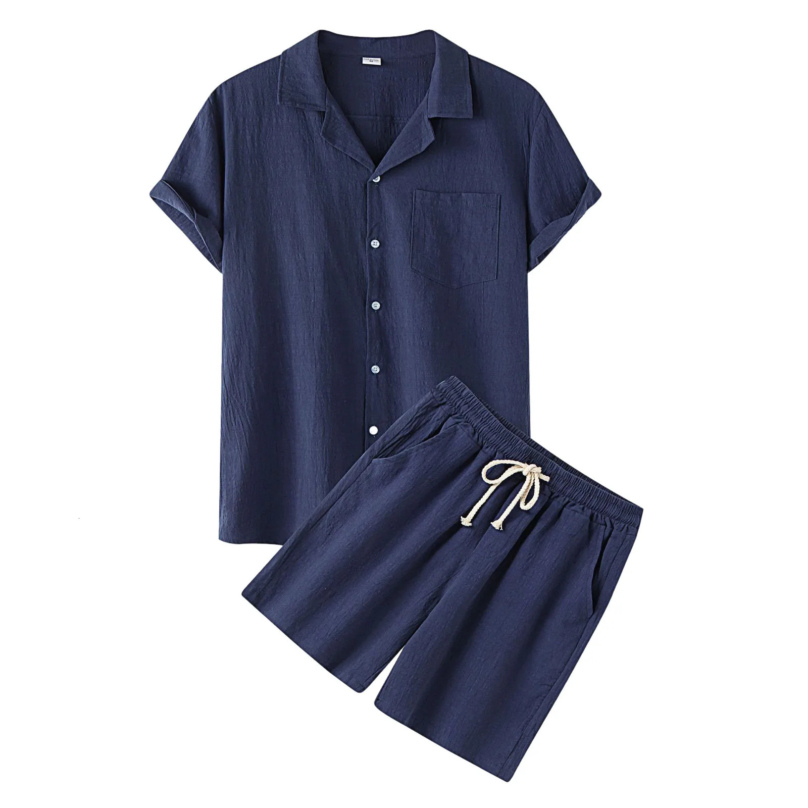Cool Summer Comfortable Short-Sleeved Button Shirt Sets Mens Solid Color Shirt Shorts Suit Mens Cotton and Linen Casual Suit 240518