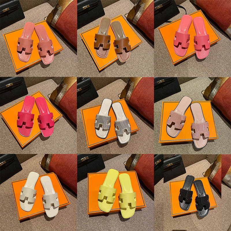 Designer Womens Orang claquettes slides genuine leather beach shoes Flat Heels Sliders Sandale Ladies Fashion Luxury Slippers hermys nermes Hemers
