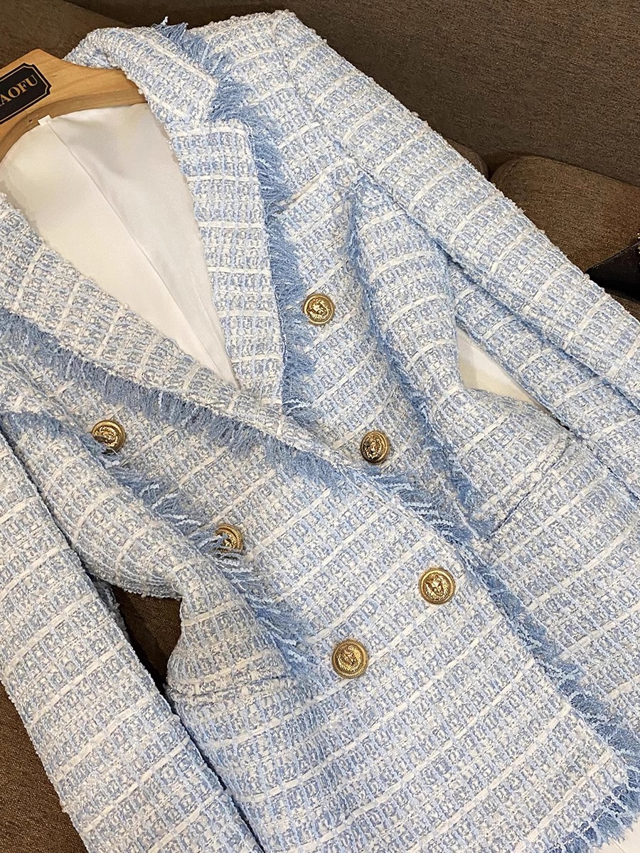 Spring Blue Houndstooth Panelled Tweed Blazers Long Sleeve Notched-Lapel Buttons Double-Breasted Outwear Coats O4W292332