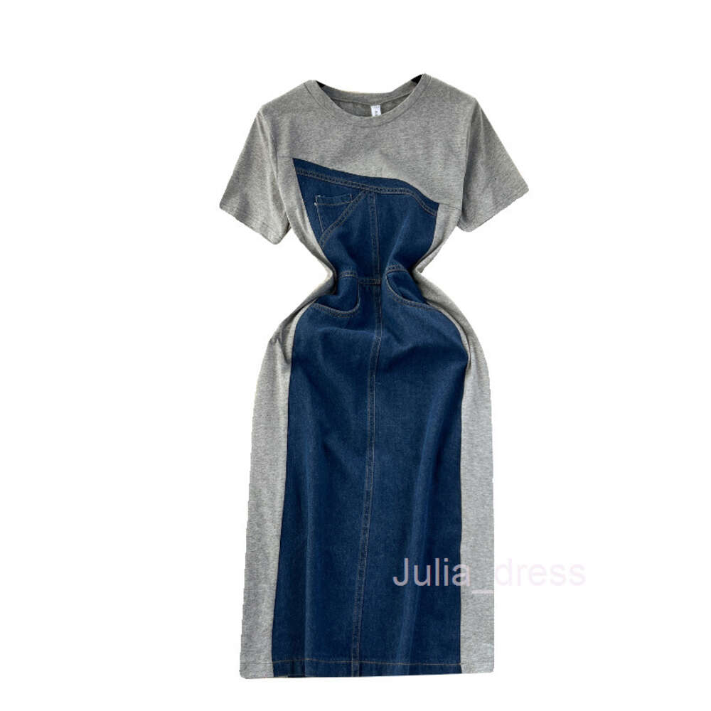 Korean style fashion design sense short sleeved contrasting color patchwork denim dress womens slim fit medium length wrapped hip skirt