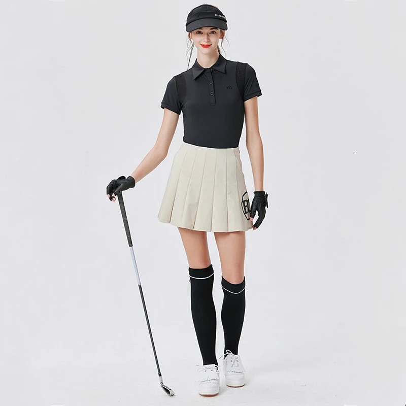 Blktee Korean Women Golf Shirts Sports Tops Summer Slim Lapel Tshirt Ladies Split Pencil Skort Pleated Skirt Culottes Wear 240522