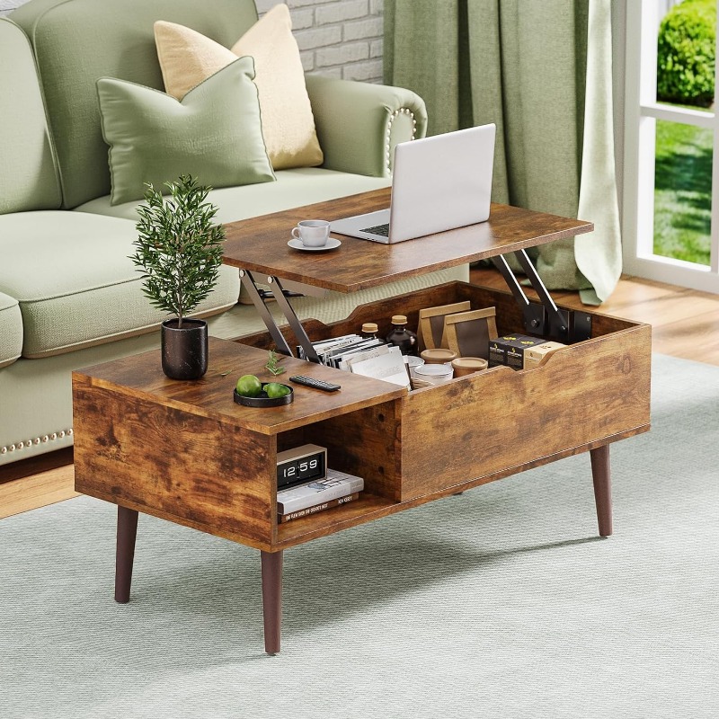 Modern Lift Top Coffee Table Wooden Furniture with Storage Shelf and Hidden Compartment for Living Room Office, Black