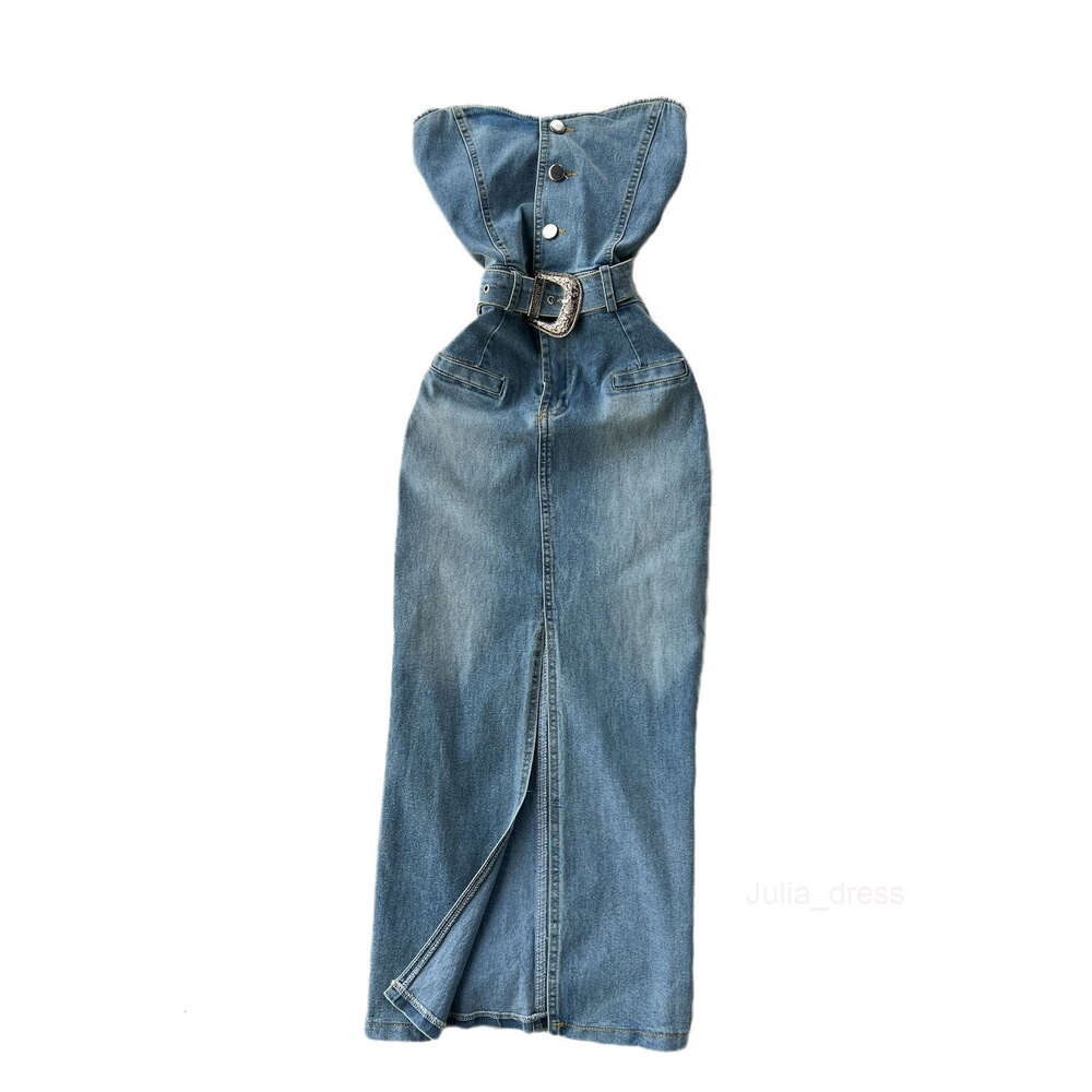 Sleeveless strapless dress for women in summer new American style pure desire spicy girl waist wrapped buttocks split denim long skirt