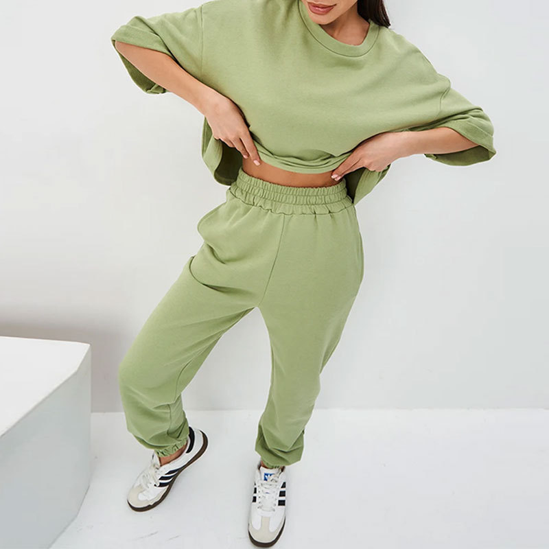 Casual Summer Womens Oversize Trouser Suit Cotton Gray White Classic Top and Pants Tracksuit Two Piece Set Women Outfits 240522