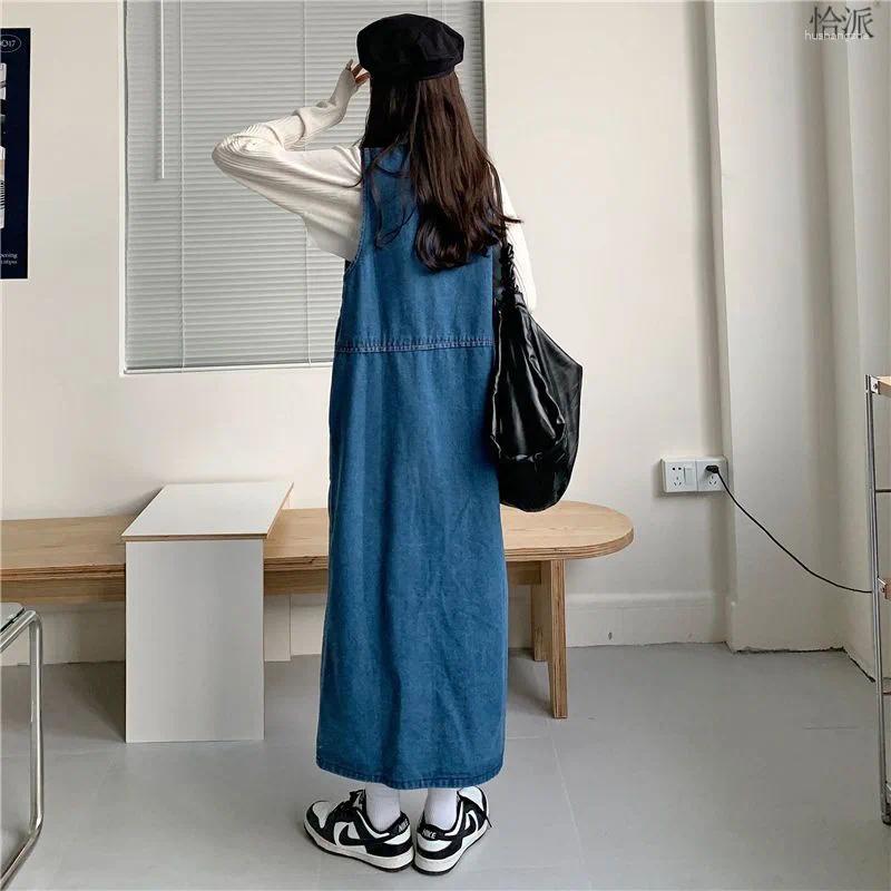 Casual Dresses Japan Style Embroidery Suspender Denim Dress Women Spring Autumn Single Breasted Pocket Mid Long Skirt Oversized Vintage