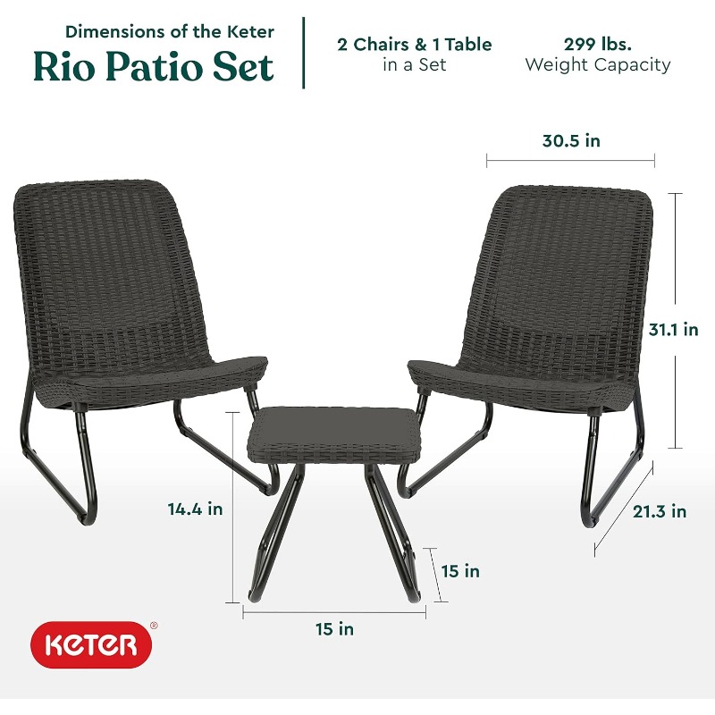 Keter Rio 3 Piece Resin Wicker Patio Furniture Set with Side Table and Outdoor Chairs, Dark Grey