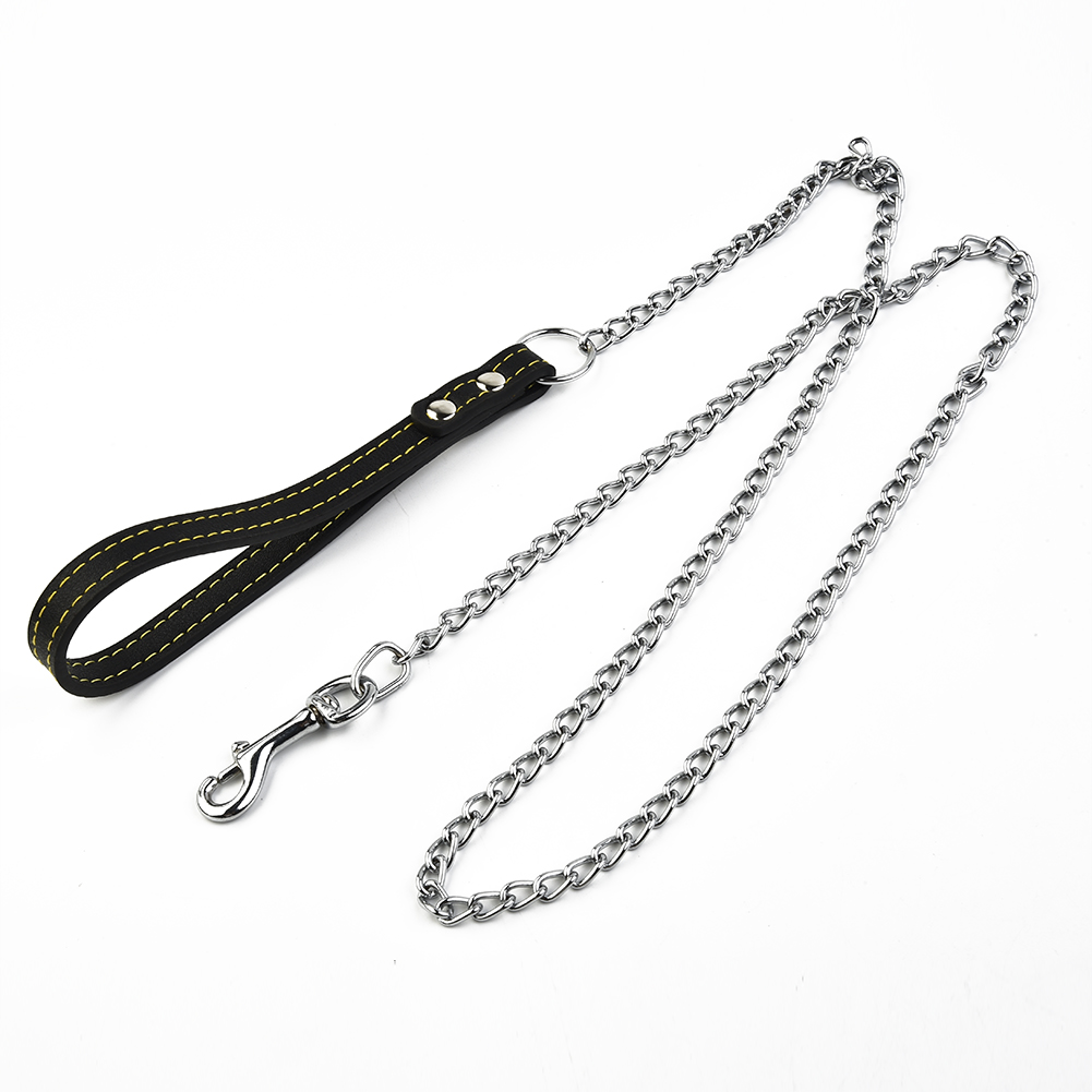 Metal Chain Dog Leash Leather Handle dog collar Dog walking rope Pets Supplies Durable strong control