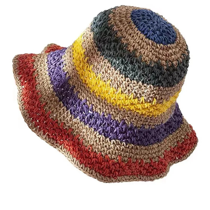 100%Raffia rainbow Girl Sun Hat Wide Brim Floppy Summer Hats For Women Beach Panama Straw Dome Bucket Hat Femme Shade Hat 240528