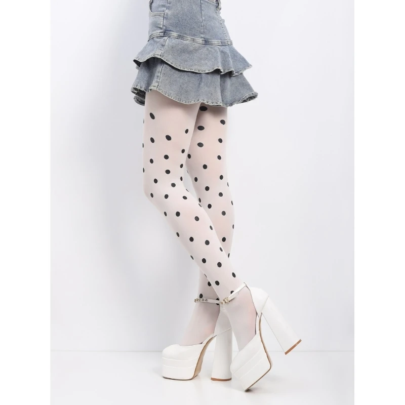 Women Opaque Tights Japanese JK Girl Vintage Dot Print Silky Pantyhose Stockings