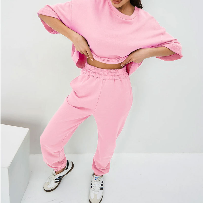 Casual Summer Womens Oversize Trouser Suit Cotton Gray White Classic Top and Pants Tracksuit Two Piece Set Women Outfits 240522
