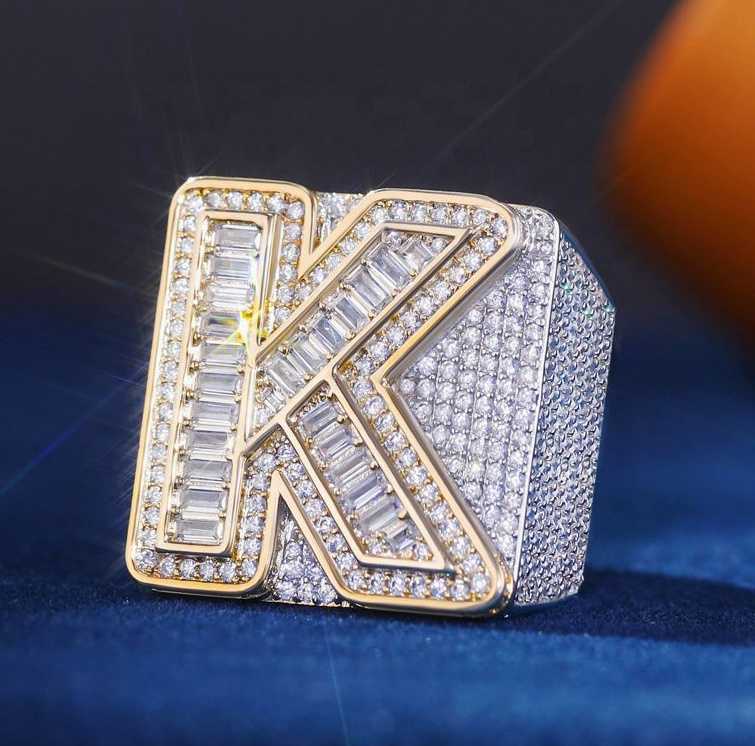 Wholesale VVS Moissanite Diamond Hip Hop Ring Letter Baguette Cut 925 Silver Hip Hop Jewelry Custom Initial Letter Rings