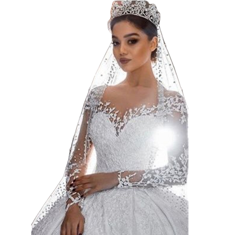 Dubai Princess Ball Gown Dresses 2024 Long Sleeves Lace Appliques Beaded Gorgeous Bride Wedding Gowns Ivory Vestido De Novia Court Train