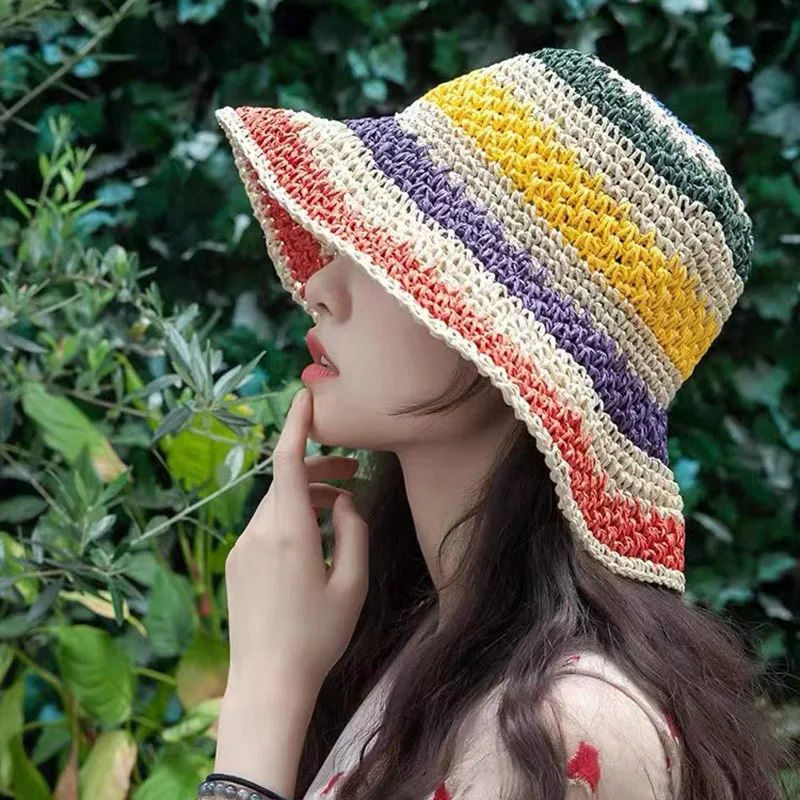 100%Raffia rainbow Girl Sun Hat Wide Brim Floppy Summer Hats For Women Beach Panama Straw Dome Bucket Hat Femme Shade Hat 240528