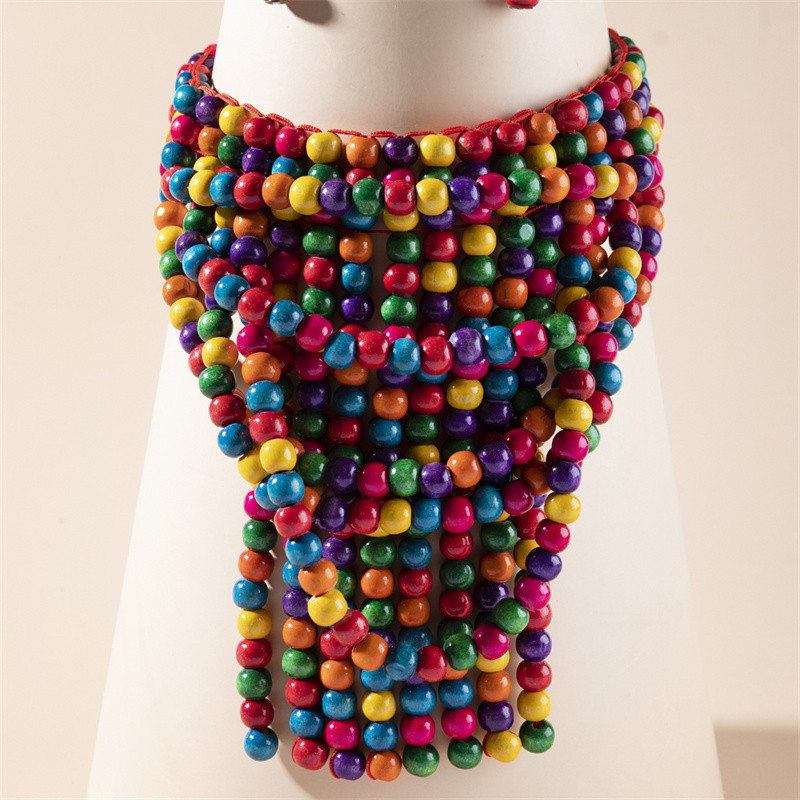 1 Pcs Ethnic Colorful Wooden Bead Necklace Earring Set Exaggerated Bohemian Tassel Party Women Jewelry Set