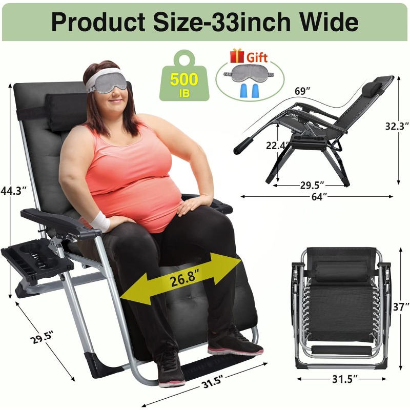 Oversized Padded Zero Gravity Chair, 33inch Zero Gravity Recliner, Folding Reclining Lounge Chair,Indoor Outdoor Patio Chairs