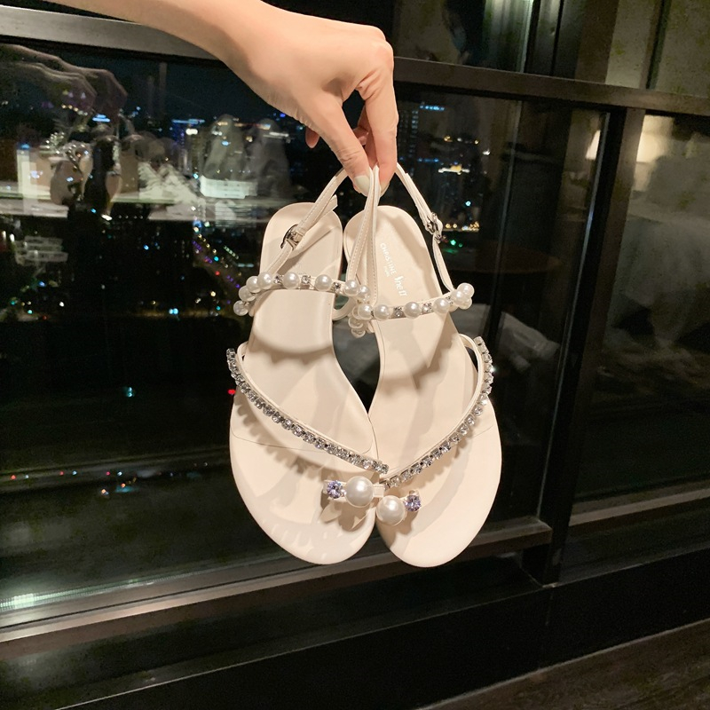 Fashion 2024 New Water Summer Dia Pearl Toe Flat Bottom Soft Lightweight Anti slip and Wear resistant Women's Sandals Lhshoe Sals