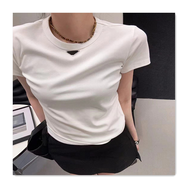 Womens designer t shirt womens tshirt summer fashion pure cotton round neck slim fit triangle logo white tshirts simple versatile breathable women short sleeves top