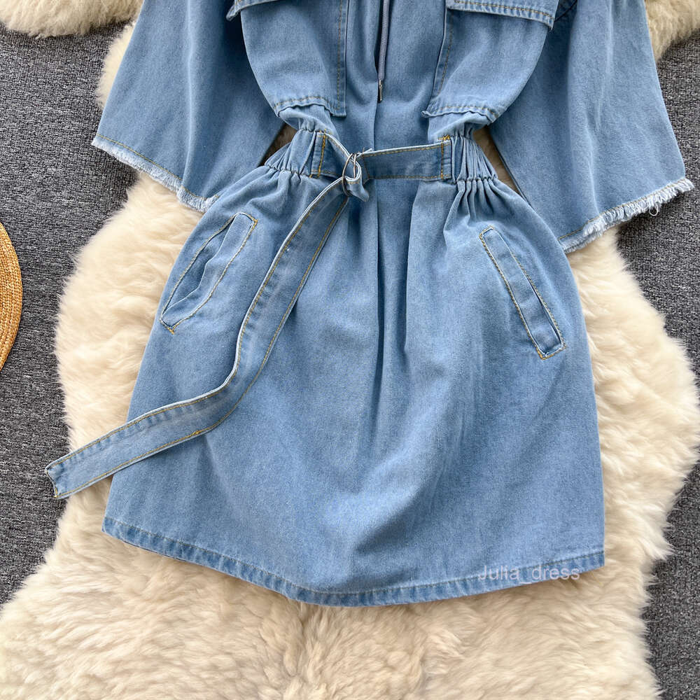 Korean chic niche lazy style casual tie up hooded denim dress for women with slim waist and short skirt