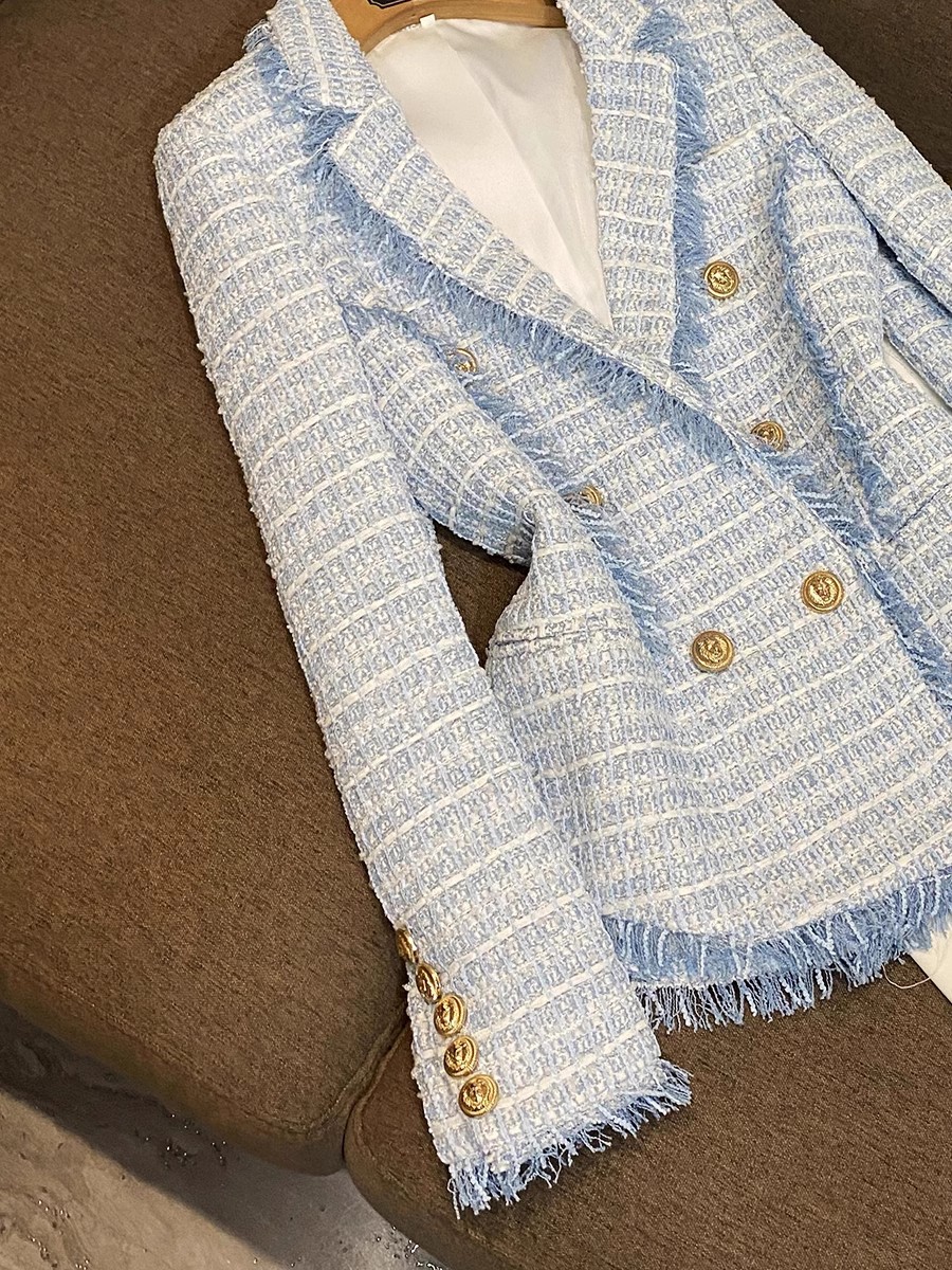 Spring Blue Houndstooth Panelled Tweed Blazers Long Sleeve Notched-Lapel Buttons Double-Breasted Outwear Coats O4W292332