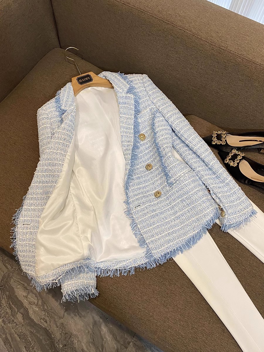 Spring Blue Houndstooth Panelled Tweed Blazers Long Sleeve Notched-Lapel Buttons Double-Breasted Outwear Coats O4W292332