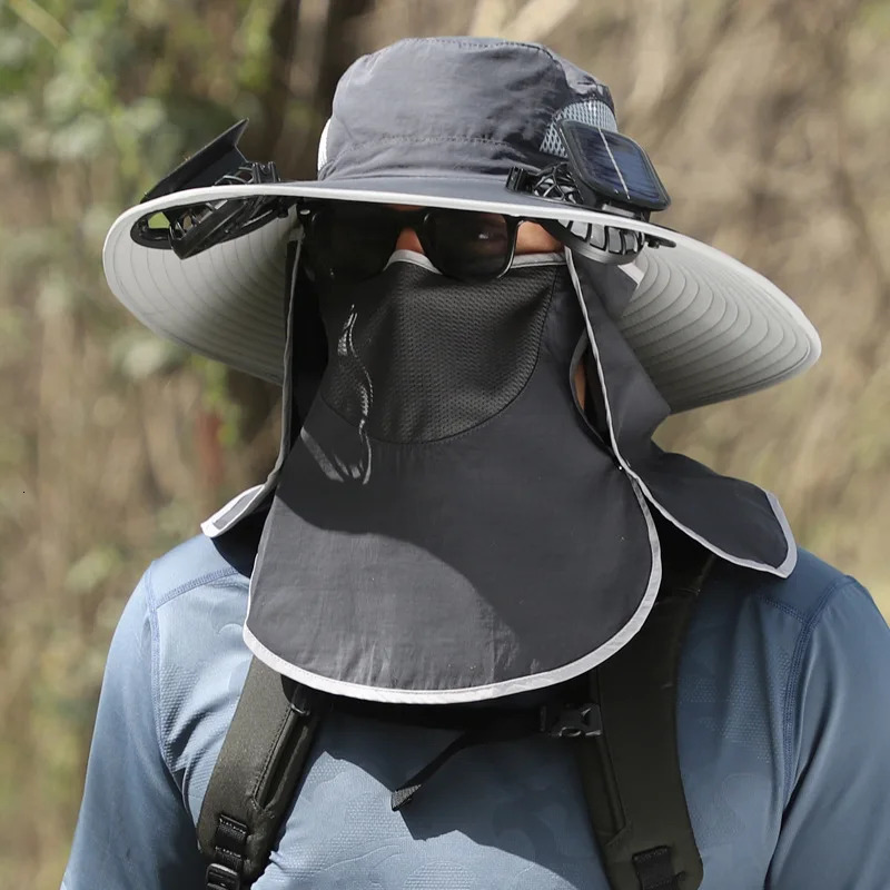 Sombrero Solar Fan Fisherman Hat Outdoor Big Brim Sunscreen quick-dry Fishing Hats Men Rechargeable Large Wind Mute Cap Big 240528