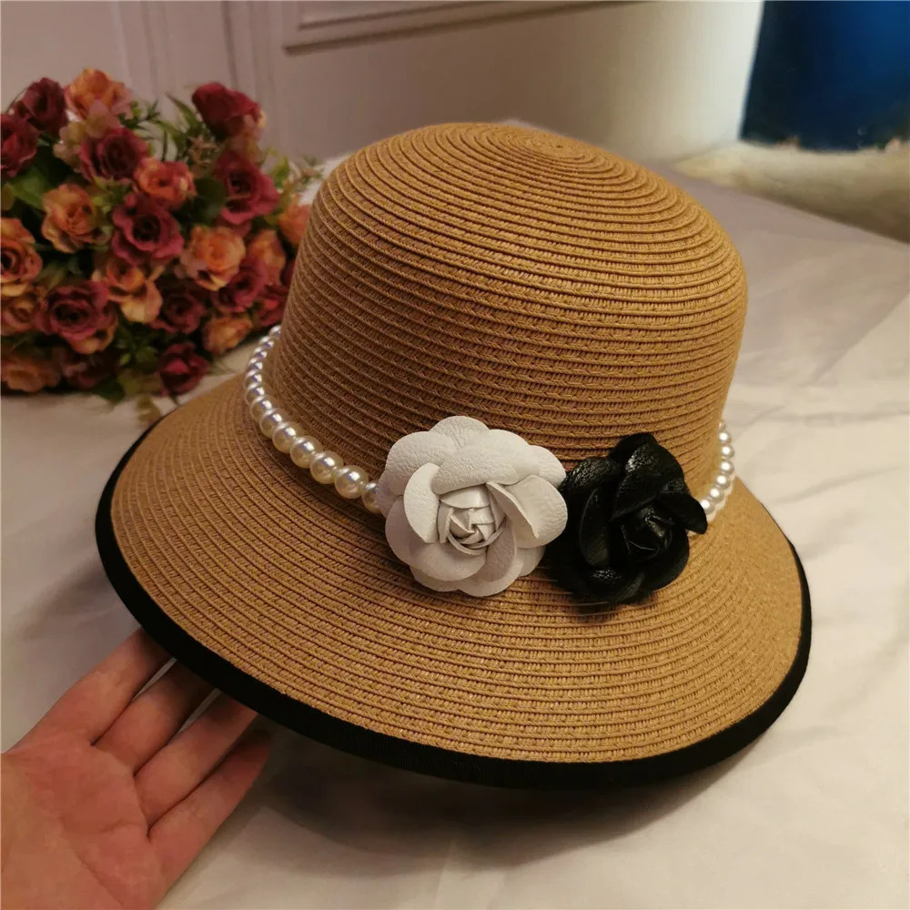 French retro elegant straw hat Hepburn pearl flower fisherman hat seaside holiday beach hat sunshade sunblock hat lady 240528