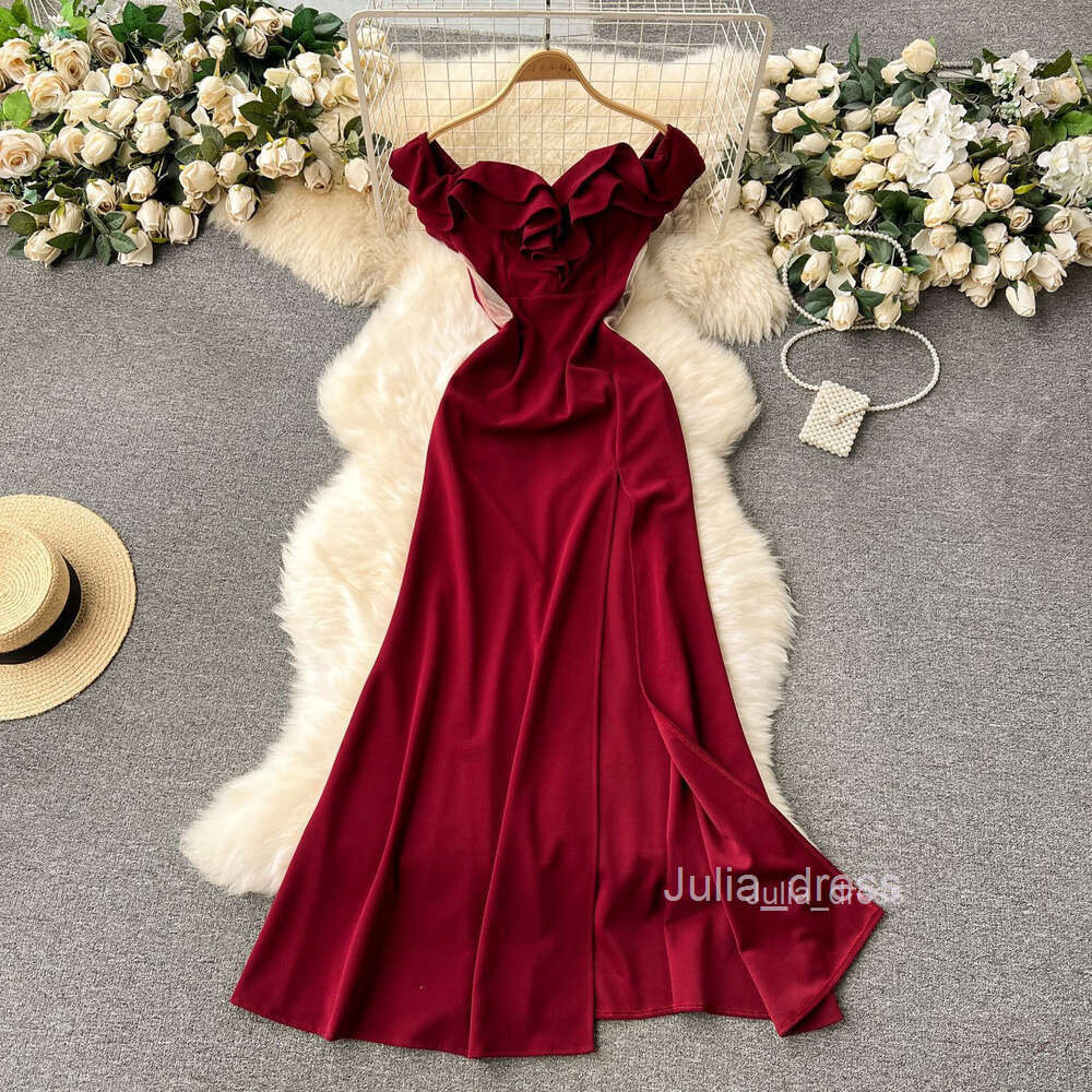 Red dress for women in 2024 new niche ruffled edge one shoulder slim fit long slit dress toasting gown