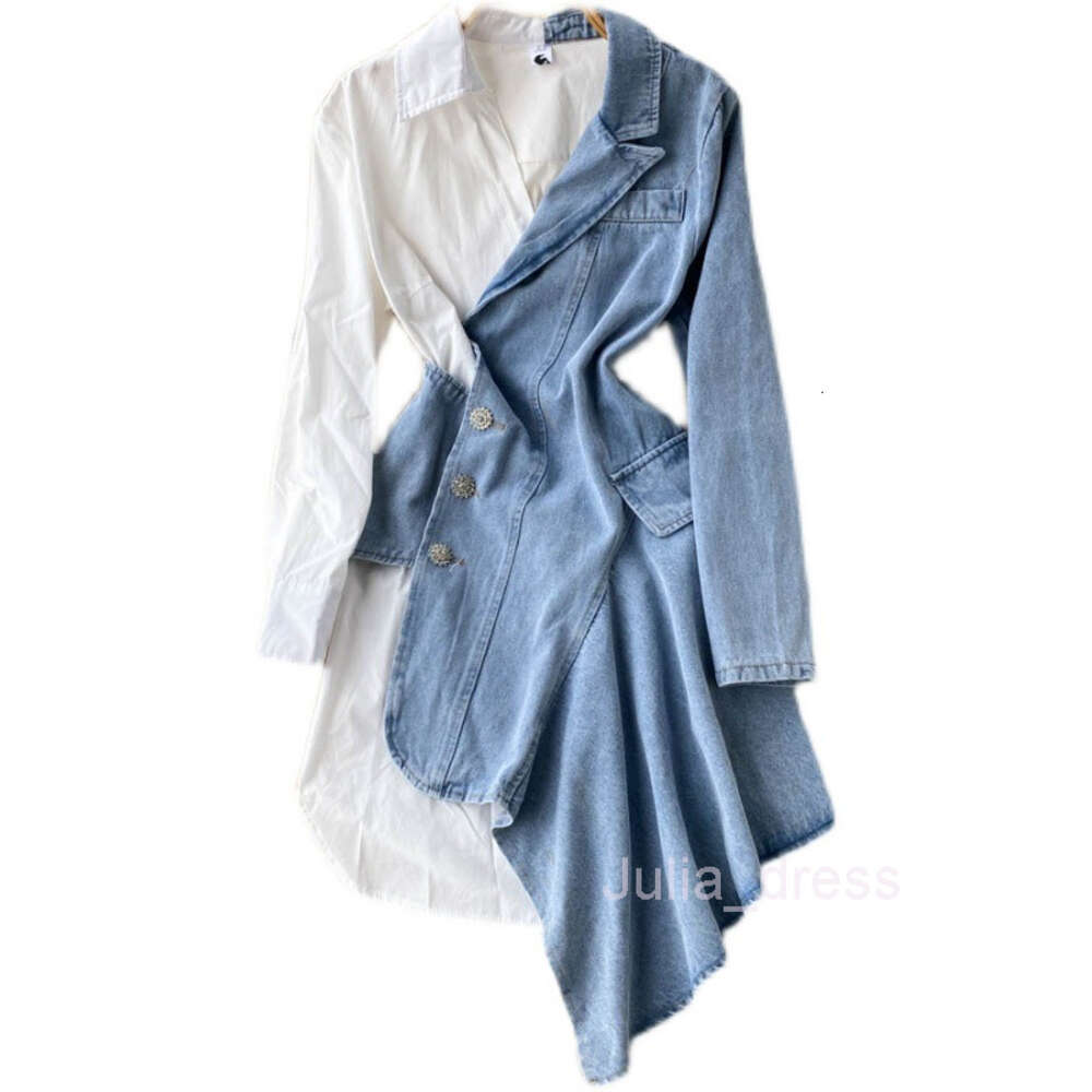 2022 spring and autumn new irregular long sleeved shirt stitching cowboy temperament fried Street dress female design sense of minority