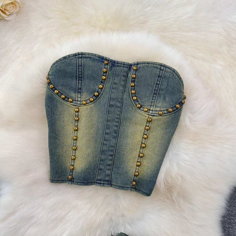 Fashion set for women American style distressed rivet design denim camisole vest two-piece high waisted micro flared pants