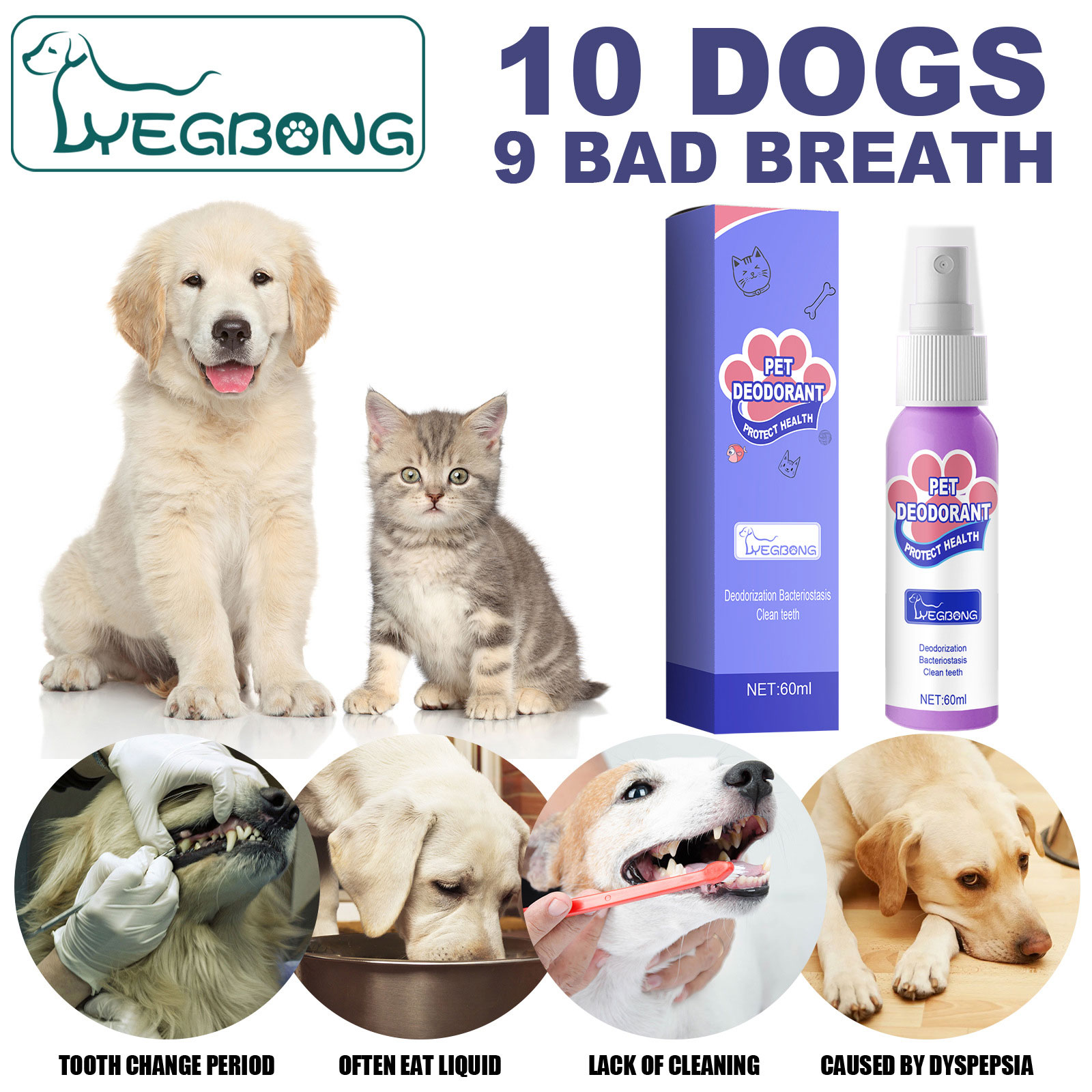 60ml Dog Deodorant Spray Swallowable Dog Bad Breath Spray Practical Pet Dog Mouth Cleaning Spray Oral Health Care Pet Supplies
