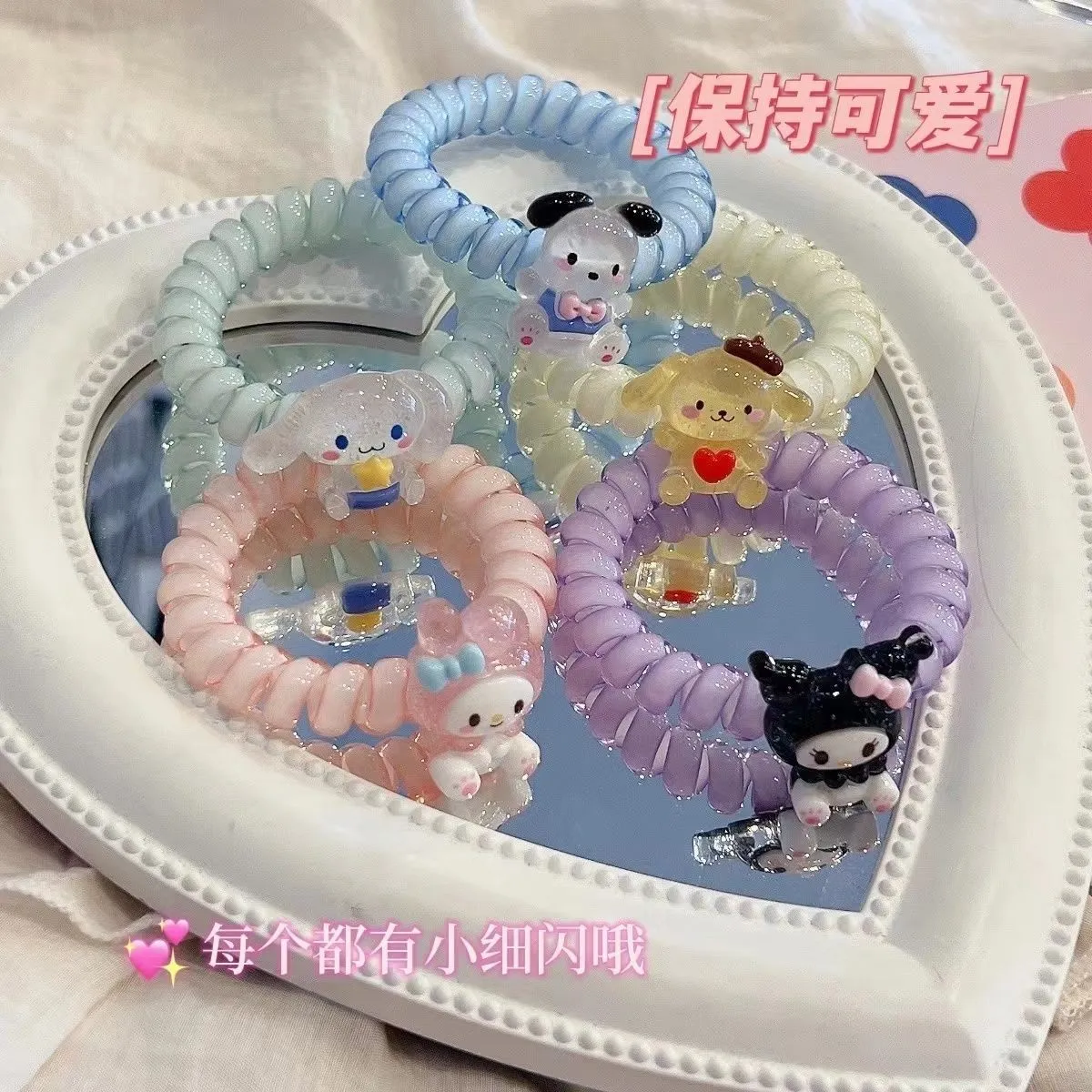 Kuromi Style Telephone Wire Cord Gum Hair Tie Girls Candy Color Elastic Hair Band Ring Rope Bracelet Stretchy Scrunchy