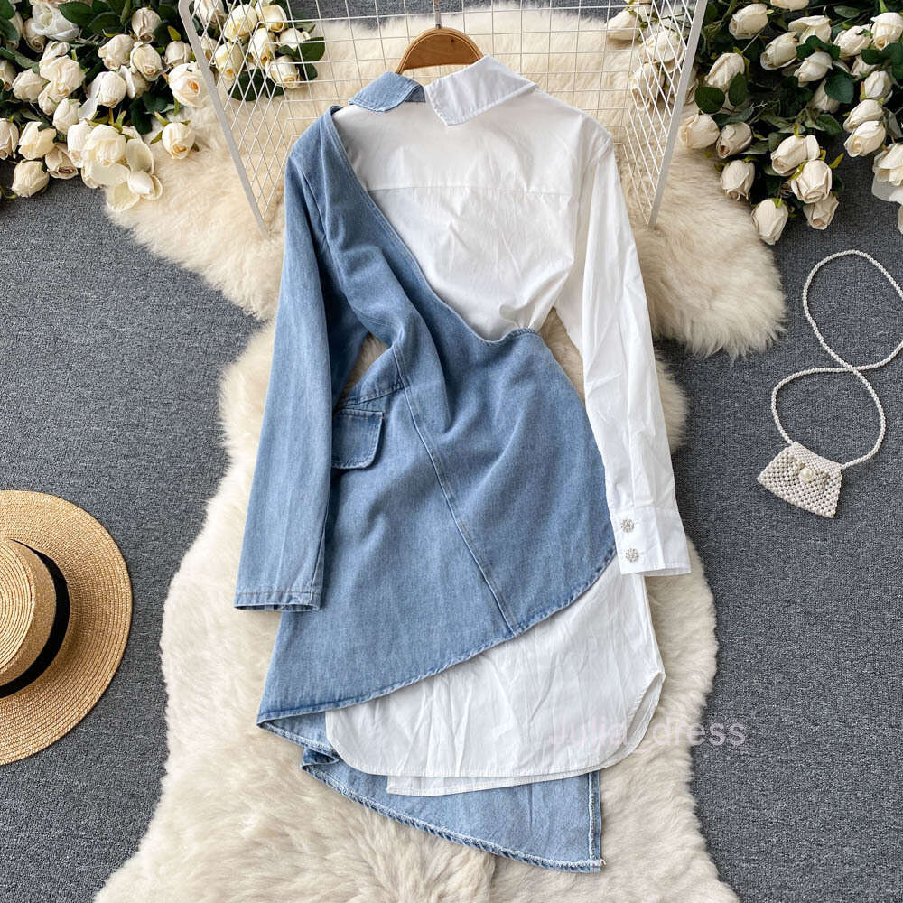 2022 spring and autumn new irregular long sleeved shirt stitching cowboy temperament fried Street dress female design sense of minority
