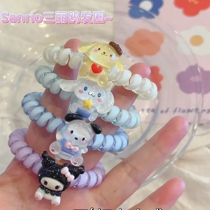 Kuromi Style Telephone Wire Cord Gum Hair Tie Girls Candy Color Elastic Hair Band Ring Rope Bracelet Stretchy Scrunchy