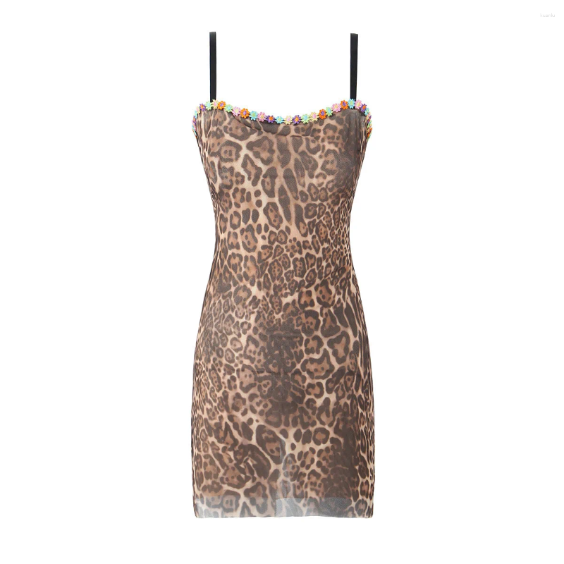 Casual Dresses Leopard Print Flower Slip Party Dress Women Sexy Hip Package Sleeveless A-line Female 2024 Summer Slim Lady Robe