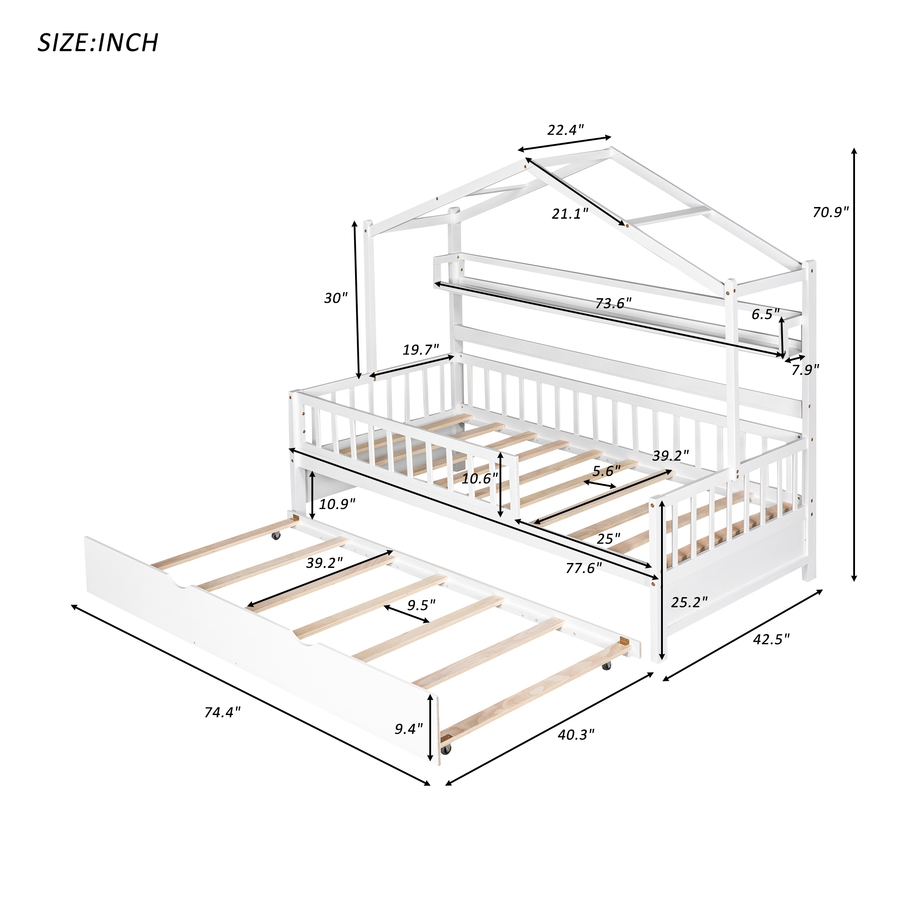 Wooden Twin Size House Bed with Trundle,Kids Bed with Shelf