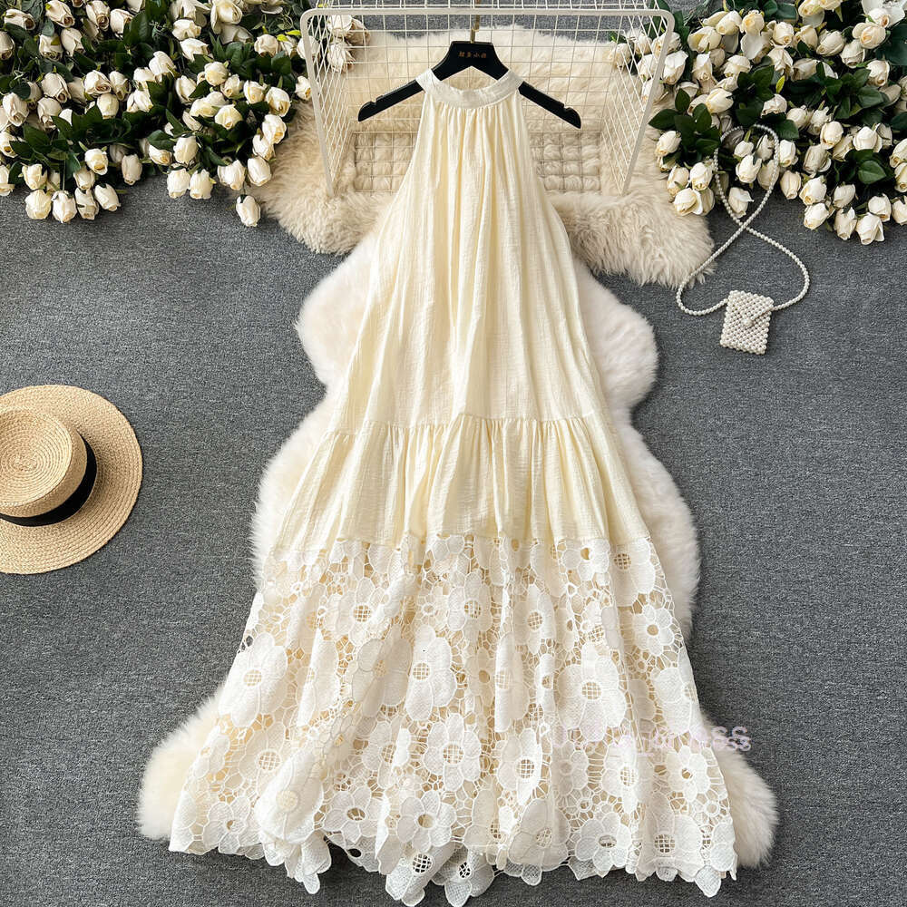 High end neck hanging holiday dress with a thousand gold style dress high-end light luxury niche embroidery hollowed out lace dress for women in summe