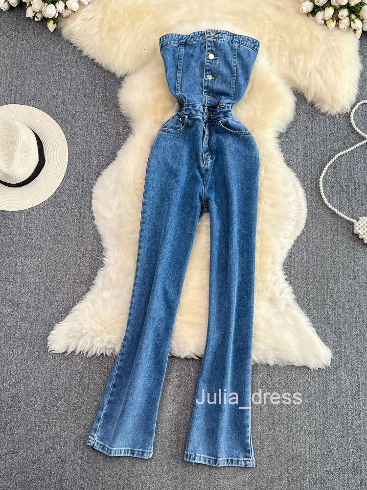Purely Desired Strapless Open Back Bra Denim Jumpsuit Womens Design Sense Casual High Waist Slim Straight Tube Pants Jumpsuit