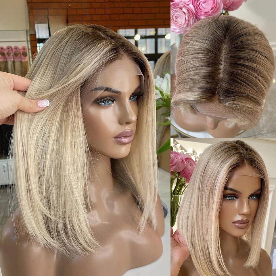 Brazilian Blonde Human Hair Short Shoulder 13X4 HD Lace Frontal Wigs Ombre Light Colored Glueless Bob Wig Sale For Women