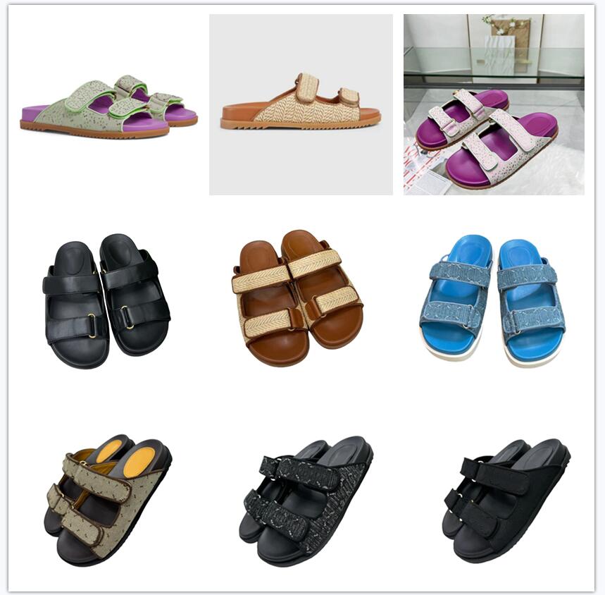 10A Premium Designer Slides Sandal Multicolor Flat Slippers Sandals With 2 Straps Lady Fashion Metal Buckle Beach Slides lace-up Scuffs For Summe