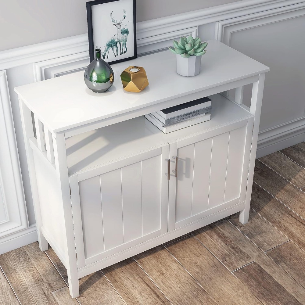 Buffet Cabinet White Kitchen Sideboard Buffet Storage Server Cupboard Cabinet Console Table With 2 Doors and Adjustable Shelf