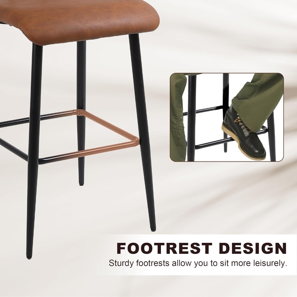 Barstools Dwe74 Set Of 2, Counter Bar Stool - Modern PU Leather Kitchen Island Height Chair With Back & Footrest, Pub Stools