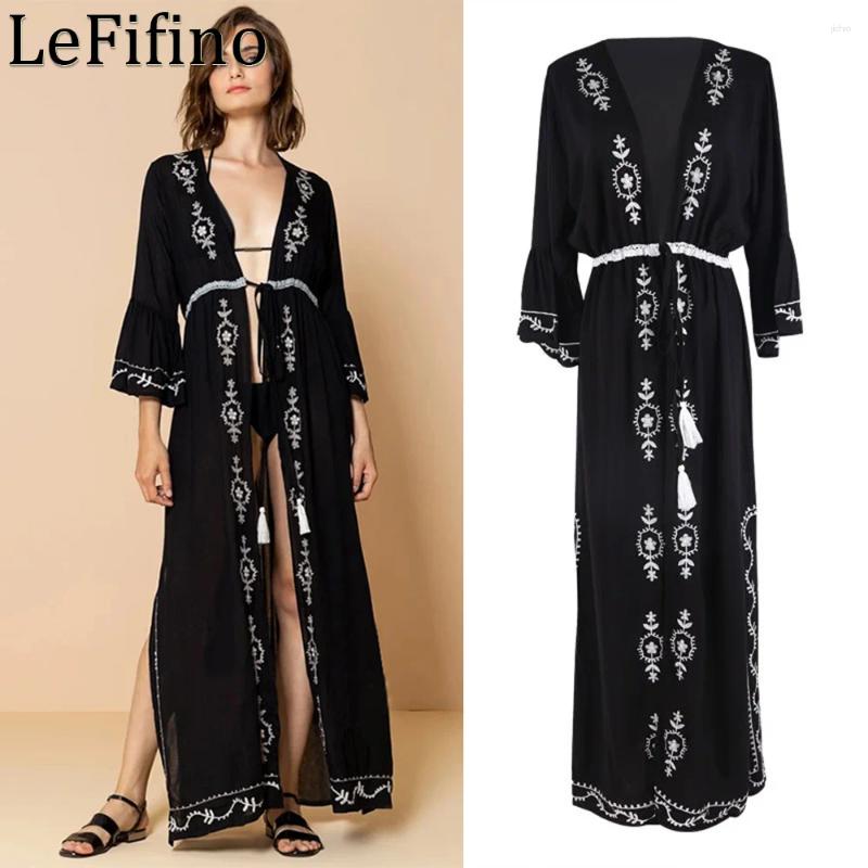 Summer Artificial Cotton Solid Color Embroidered Cardigan Drawstring Robe Vacation Sunscreen Coats Bikini Cover Up Outwear Women