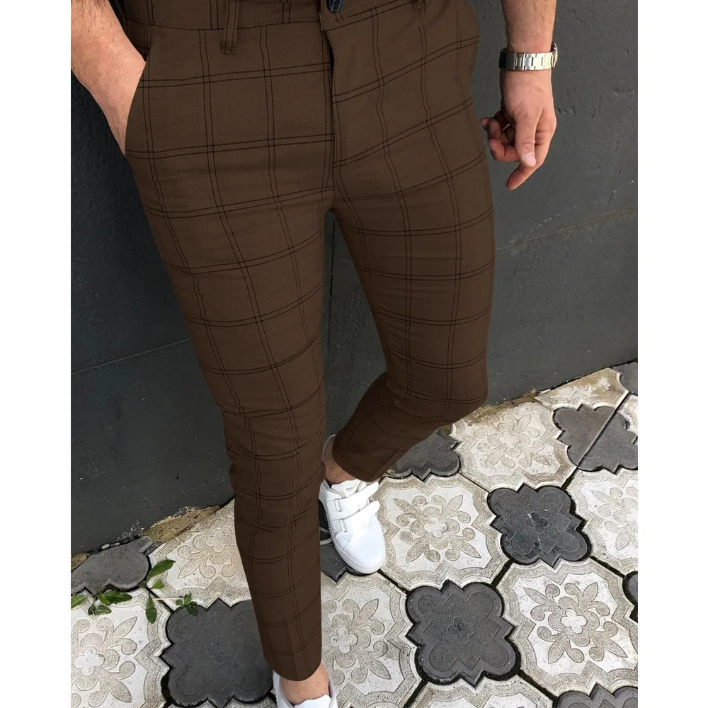 Men Casual Pants Plaid Social Slim Fit Trousers Mid Waist Skinny Business Wrinkle-Resistant Flat-Front Chino Pants 240530