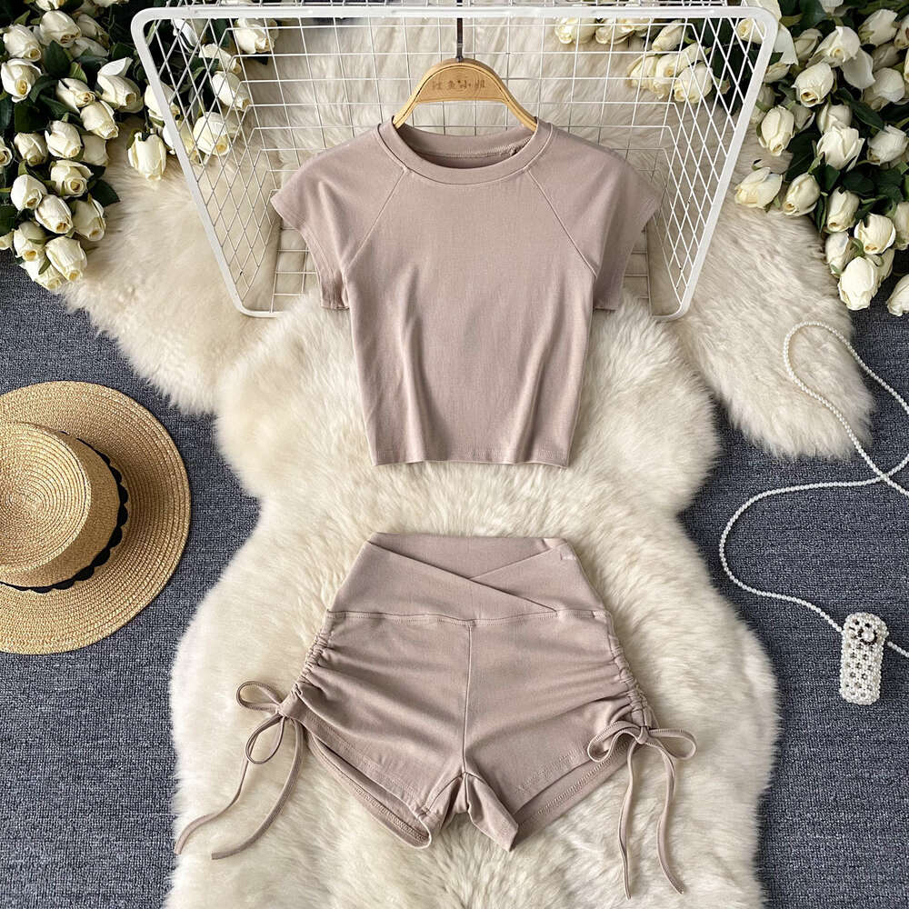 Retro American Womens Casual Sports Yoga Suit Sexy Short Fitting T-shirt With Drawstring High Waistband Buttocks Shorts Two-piece Set