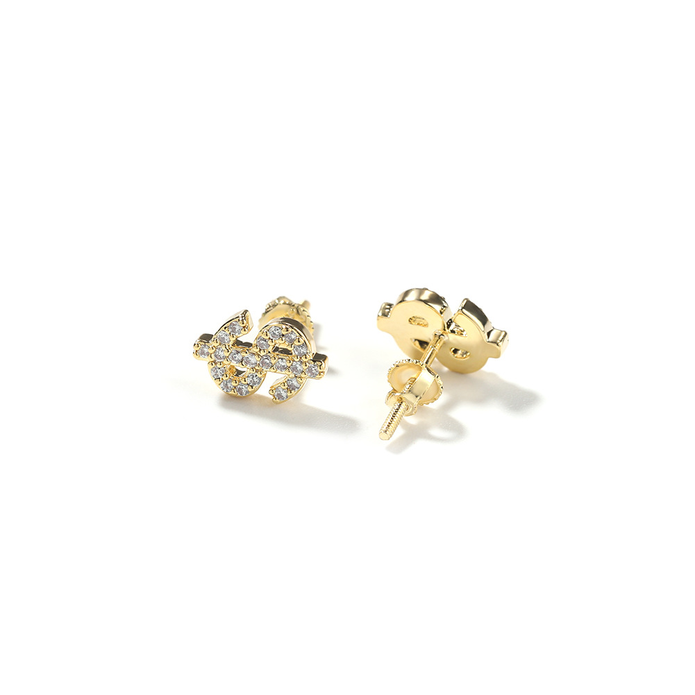 Hip Hop Dollar Symbol Screwback Stud Earring 5A Zircon 18K Gold Plated Jewelry