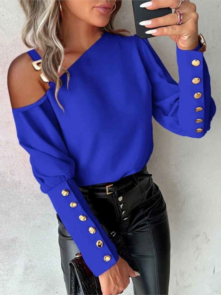 Womens Sexy Cold Shoulder Button Decor Ong Sleeve Blouse Top Autumn Winter Fashion Red Black Casual Blouses Tops Y2K Clothes 240530