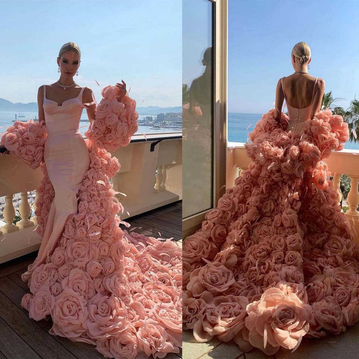 Flowers Mermaid Prom Dress 2-Pieces V Neck Sequins Lace 3D Lace Tulle Appliques Tail Evening Dresses Custom Made Size Colour D-L23414